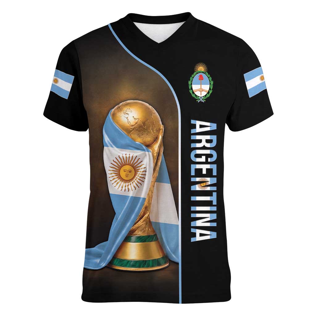 Personalized Argentina Football 2026 Women V-Neck T-Shirt Trophy Flag Pride Art