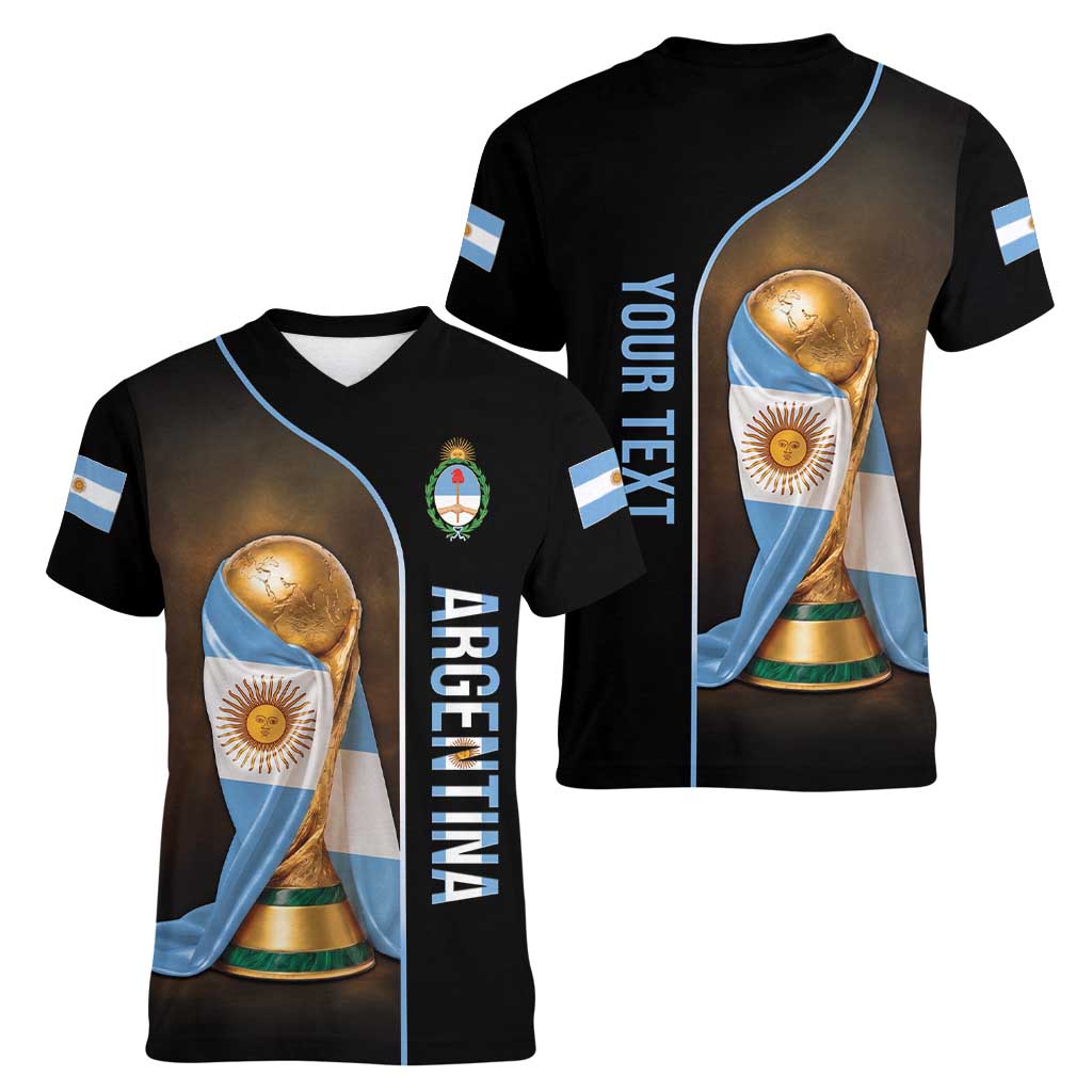 Personalized Argentina Football 2026 Women V-Neck T-Shirt Trophy Flag Pride Art
