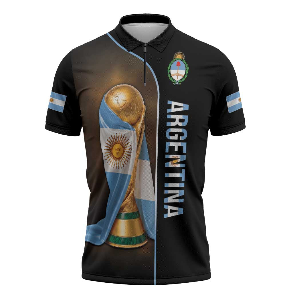 Personalized Argentina Football 2026 Zipper Polo Shirt Trophy Flag Pride Art