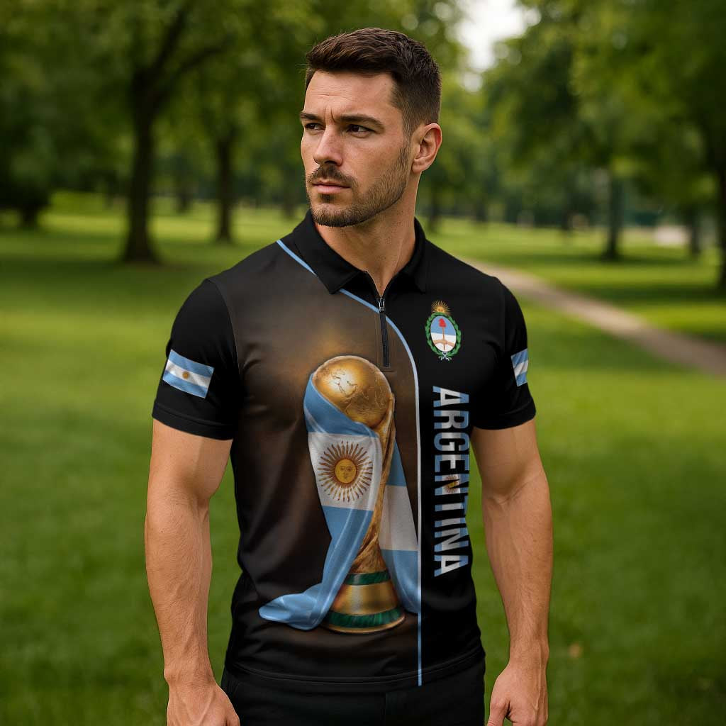 Personalized Argentina Football 2026 Zipper Polo Shirt Trophy Flag Pride Art