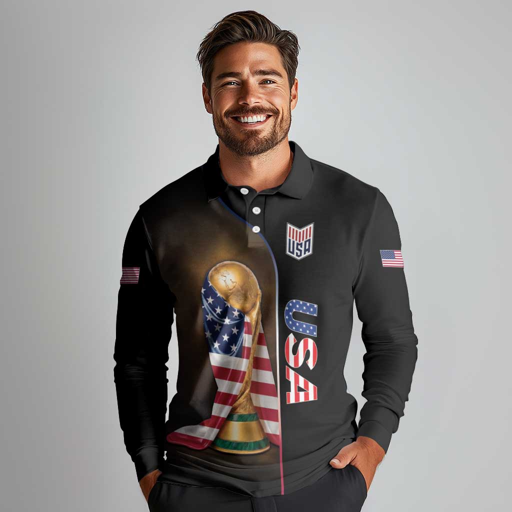 Personalized  USA Football 2026 Long Sleeve Polo Shirt Trophy Flag Pride Art