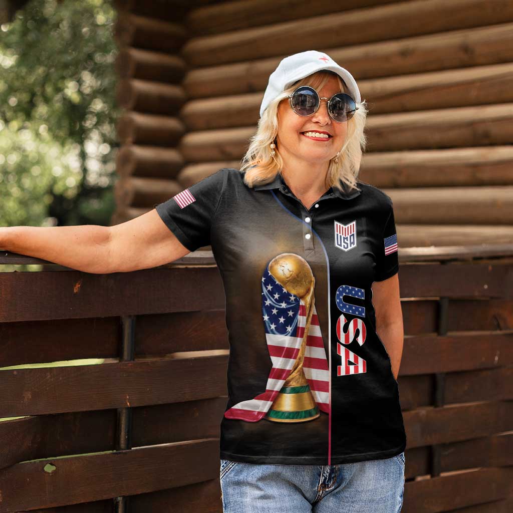 Personalized  USA Football 2026 Women Polo Shirt Trophy Flag Pride Art