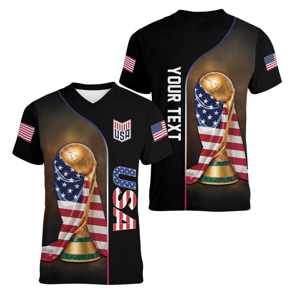 Personalized  USA Football 2026 Women V-Neck T-Shirt Trophy Flag Pride Art