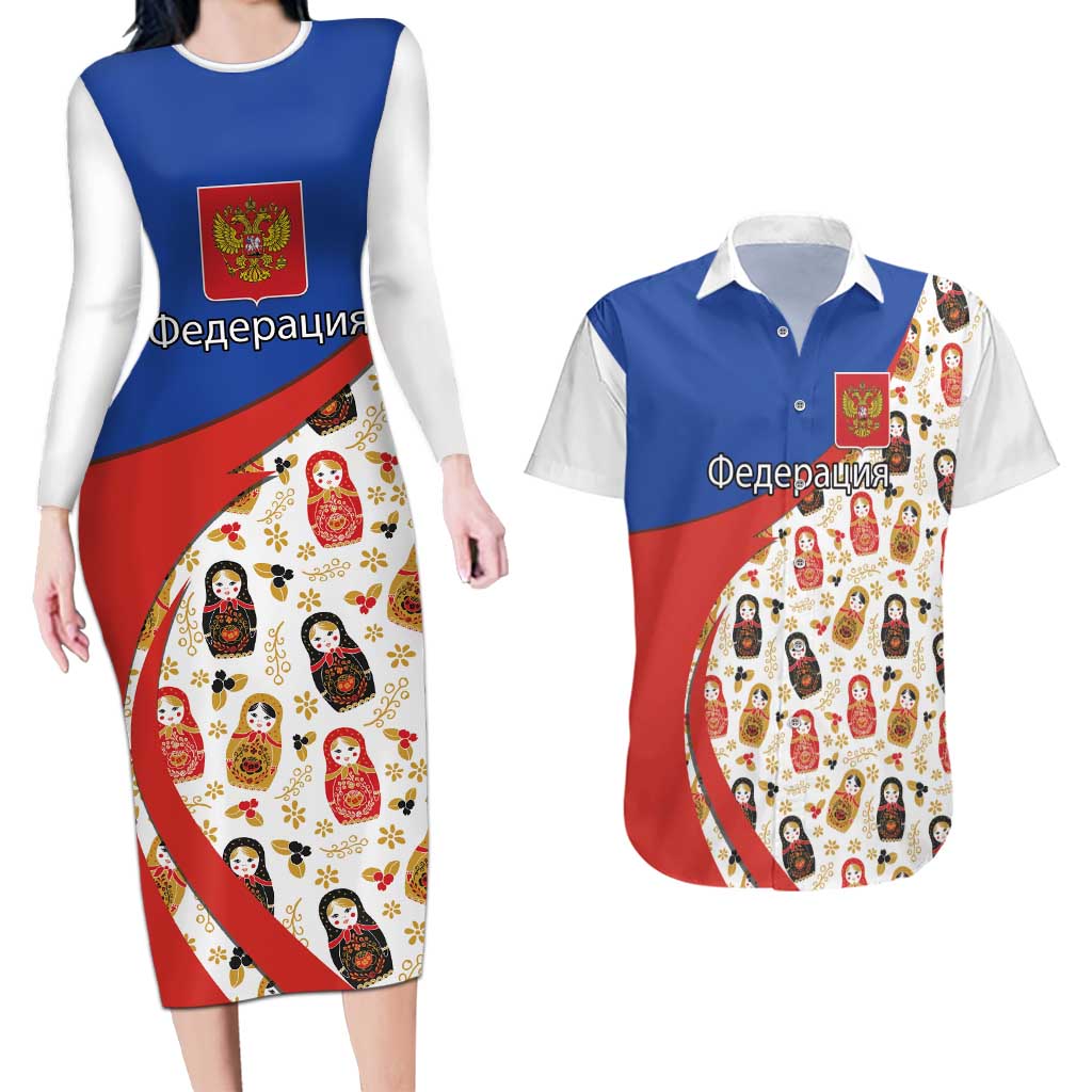 Russian Doll Couples Matching Long Sleeve Bodycon Dress and Hawaiian Shirt Flag Color Style No1 - Wonder Print Shop
