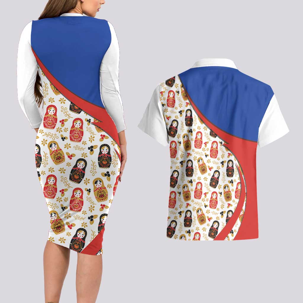 Russian Doll Couples Matching Long Sleeve Bodycon Dress and Hawaiian Shirt Flag Color Style No1 - Wonder Print Shop