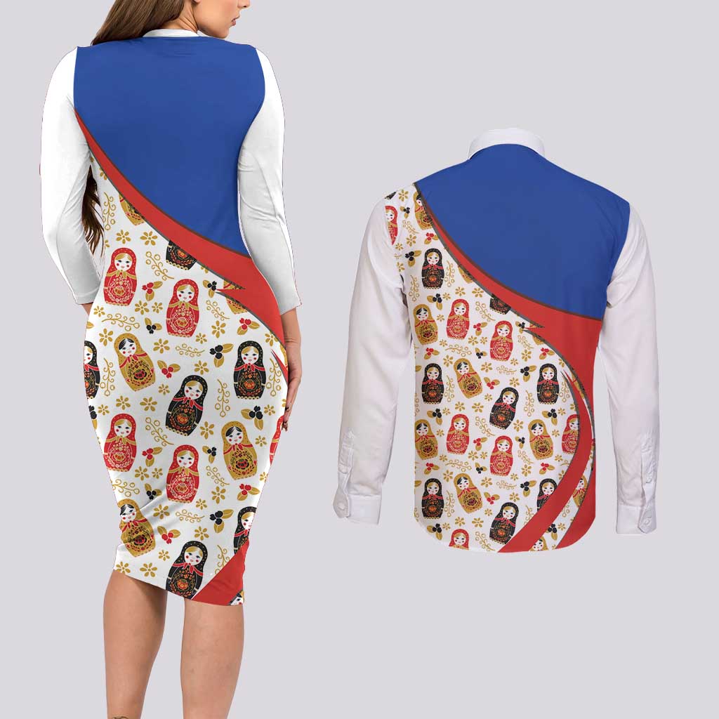 Russian Doll Couples Matching Long Sleeve Bodycon Dress and Long Sleeve Button Shirt Flag Color Style No1 - Wonder Print Shop