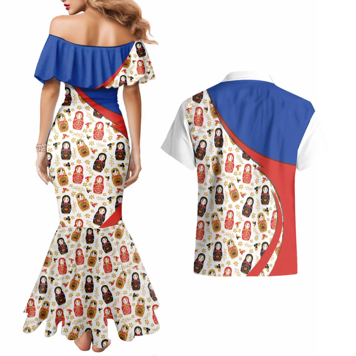 Russian Doll Couples Matching Mermaid Dress and Hawaiian Shirt Flag Color Style No1 - Wonder Print Shop