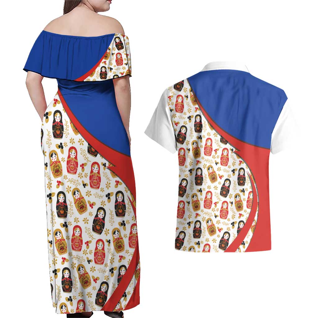 Russian Doll Couples Matching Off Shoulder Maxi Dress and Hawaiian Shirt Flag Color Style No1 - Wonder Print Shop