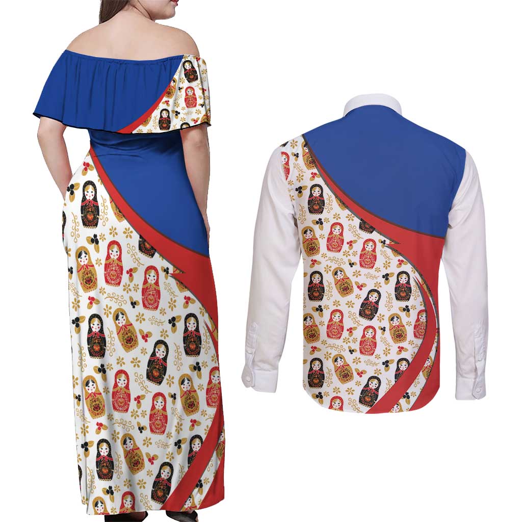 Russian Doll Couples Matching Off Shoulder Maxi Dress and Long Sleeve Button Shirt Flag Color Style No1 - Wonder Print Shop