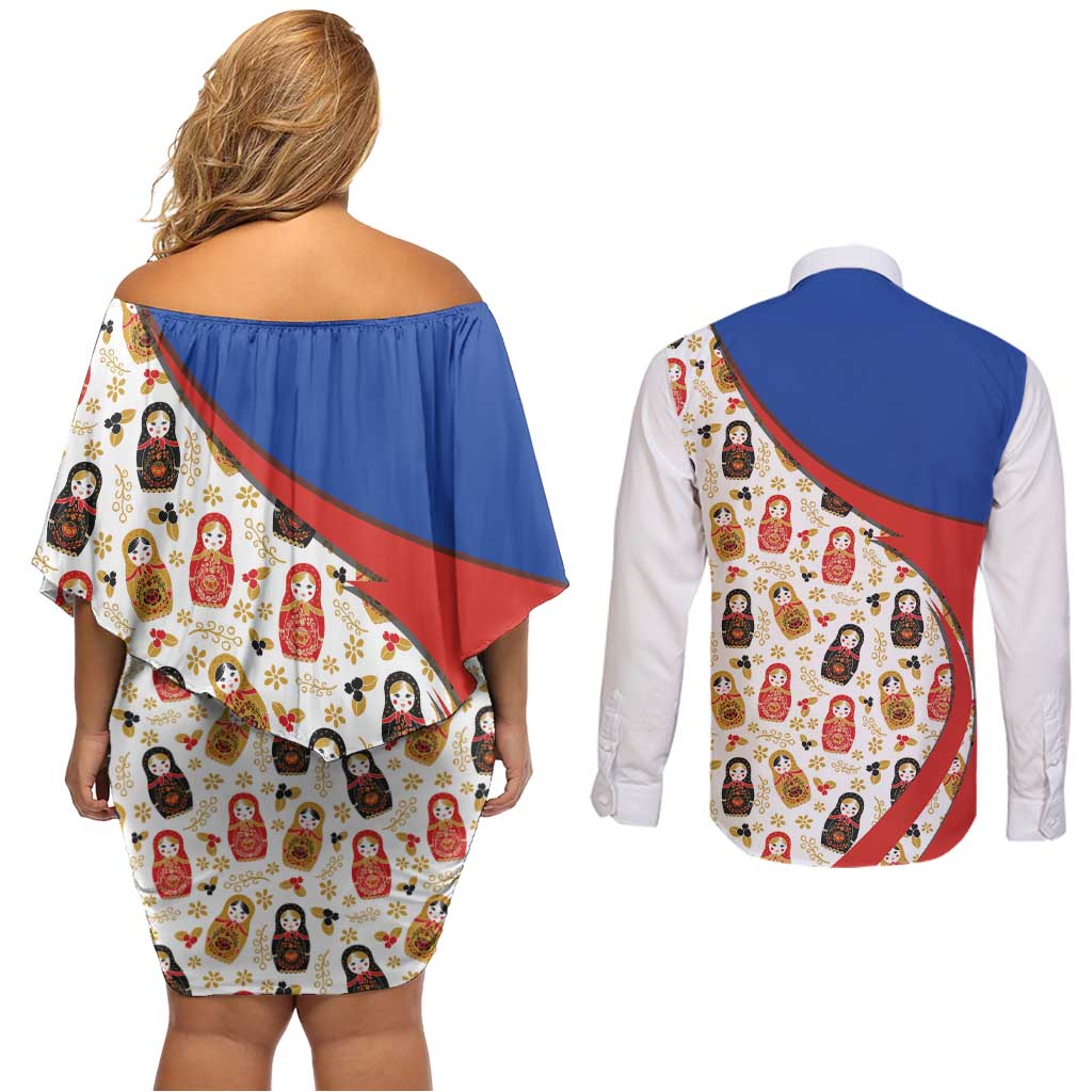 Russian Doll Couples Matching Off Shoulder Short Dress and Long Sleeve Button Shirt Flag Color Style No1 - Wonder Print Shop