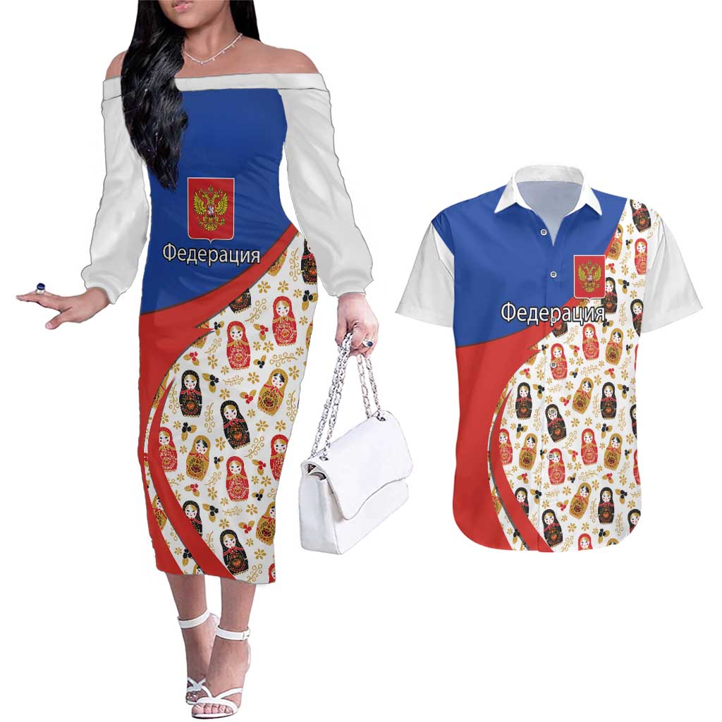 Russian Doll Couples Matching Off The Shoulder Long Sleeve Dress and Hawaiian Shirt Flag Color Style No1 - Wonder Print Shop