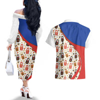 Russian Doll Couples Matching Off The Shoulder Long Sleeve Dress and Hawaiian Shirt Flag Color Style No1 - Wonder Print Shop