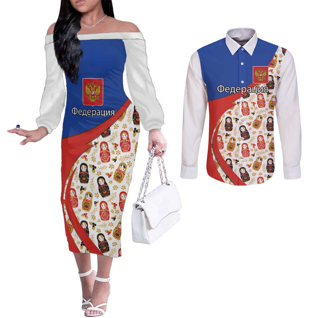 Russian Doll Couples Matching Off The Shoulder Long Sleeve Dress and Long Sleeve Button Shirt Flag Color Style No1 - Wonder Print Shop