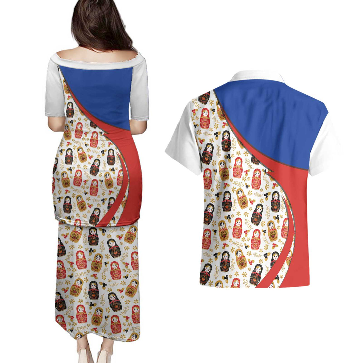 Russian Doll Couples Matching Puletasi and Hawaiian Shirt Flag Color Style No1 - Wonder Print Shop