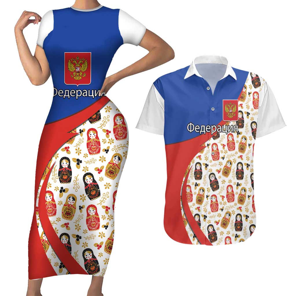 Russian Doll Couples Matching Short Sleeve Bodycon Dress and Hawaiian Shirt Flag Color Style No1 - Wonder Print Shop