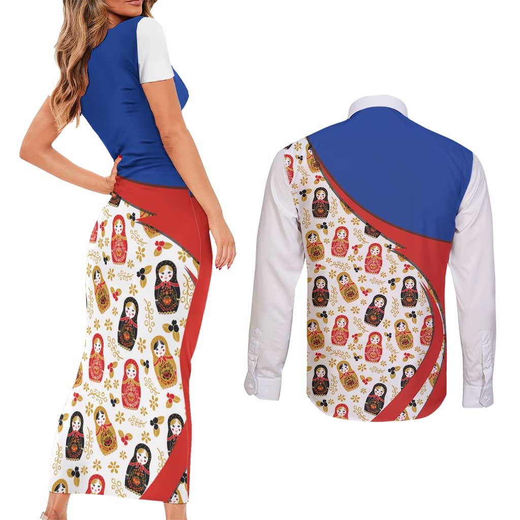 Russian Doll Couples Matching Short Sleeve Bodycon Dress and Long Sleeve Button Shirt Flag Color Style No1 - Wonder Print Shop