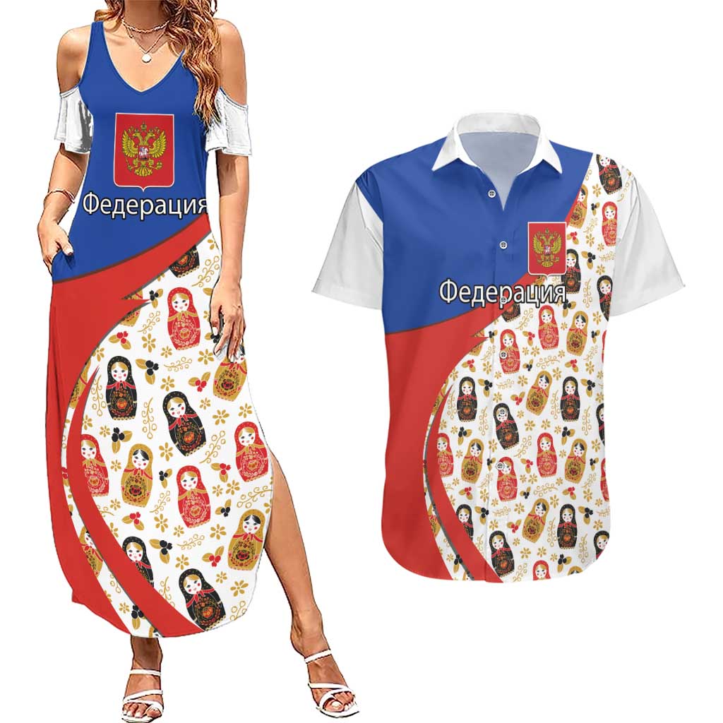 Russian Doll Couples Matching Summer Maxi Dress and Hawaiian Shirt Flag Color Style No1 - Wonder Print Shop