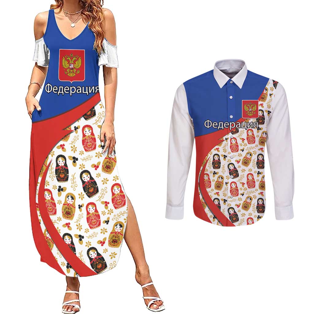 Russian Doll Couples Matching Summer Maxi Dress and Long Sleeve Button Shirt Flag Color Style No1 - Wonder Print Shop