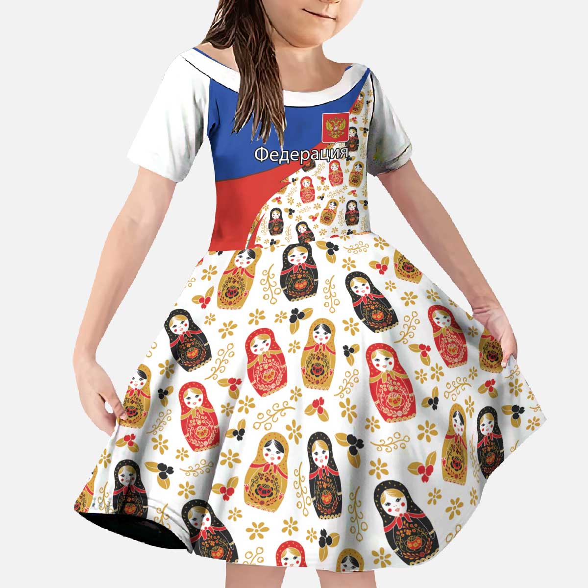 Russian Doll Family Matching Off The Shoulder Long Sleeve Dress and Hawaiian Shirt Flag Color Style No1 - Wonder Print Shop