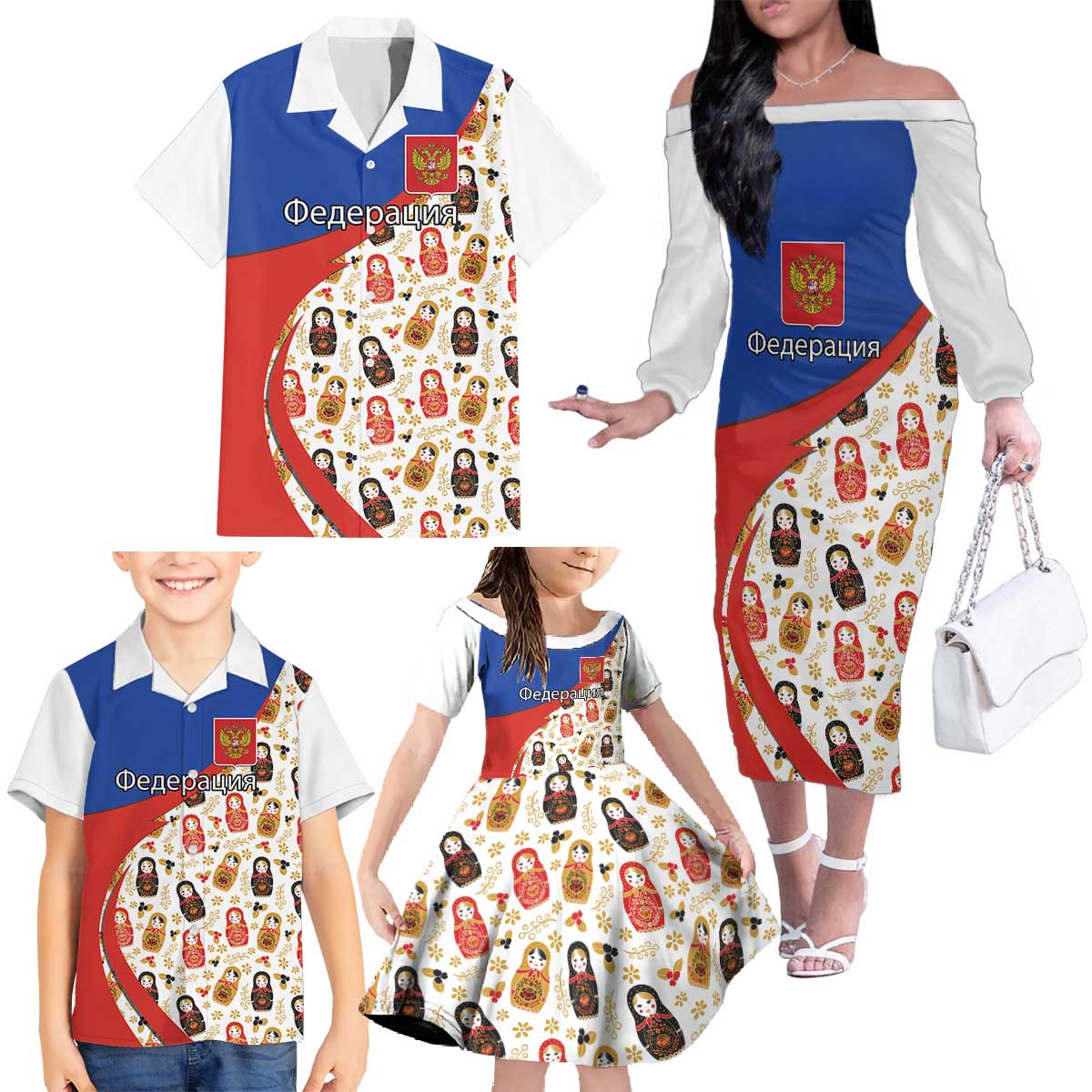 Russian Doll Family Matching Off The Shoulder Long Sleeve Dress and Hawaiian Shirt Flag Color Style No1 - Wonder Print Shop