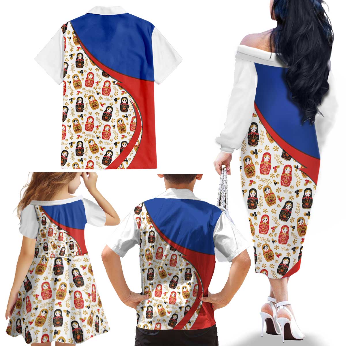 Russian Doll Family Matching Off The Shoulder Long Sleeve Dress and Hawaiian Shirt Flag Color Style No1 - Wonder Print Shop