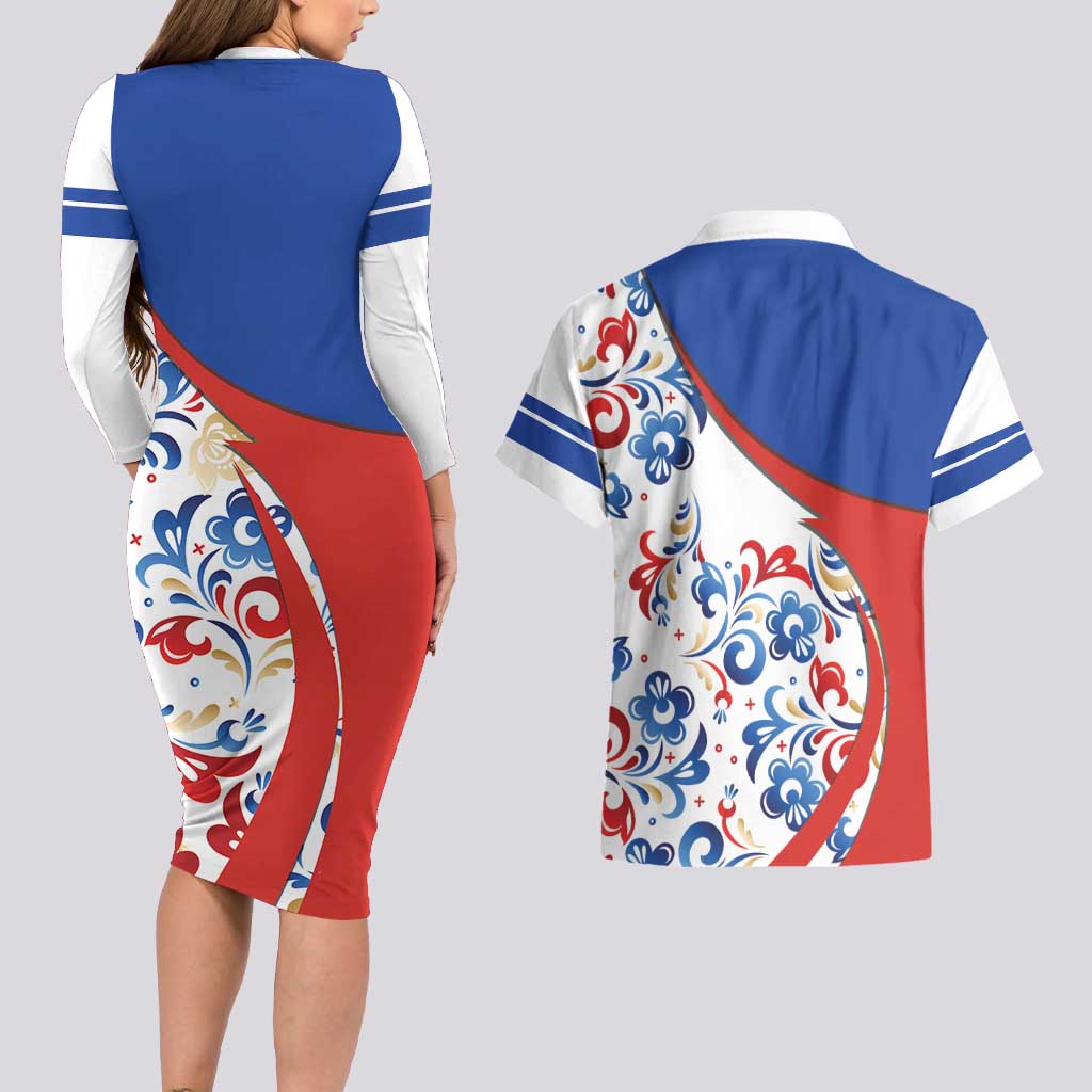 Matryoshka Doll Couples Matching Long Sleeve Bodycon Dress and Hawaiian Shirt Flag Color Style No2 - Wonder Print Shop