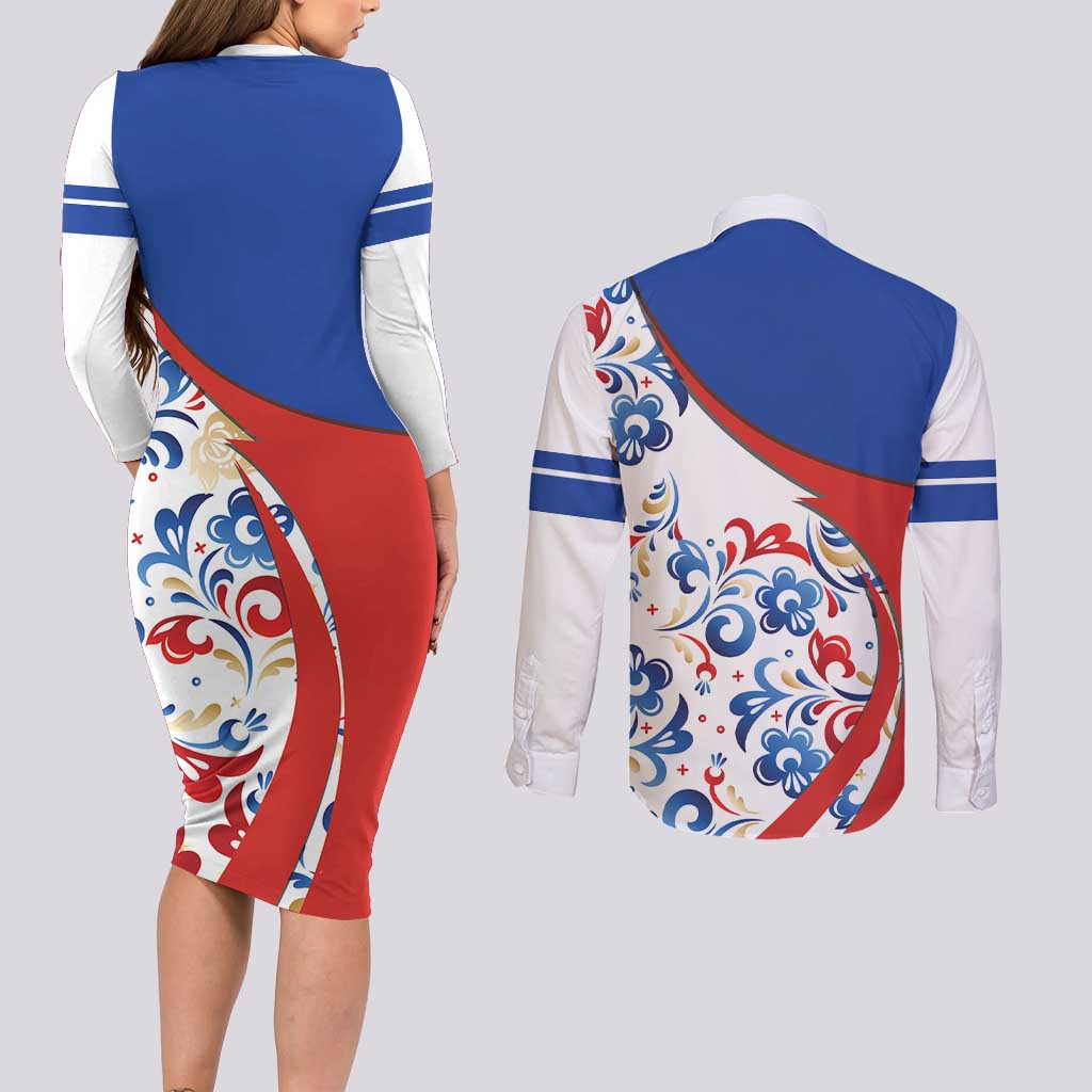 Matryoshka Doll Couples Matching Long Sleeve Bodycon Dress and Long Sleeve Button Shirt Flag Color Style No2 - Wonder Print Shop