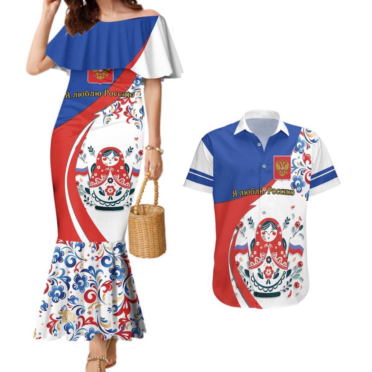 Matryoshka Doll Couples Matching Mermaid Dress and Hawaiian Shirt Flag Color Style No2 - Wonder Print Shop