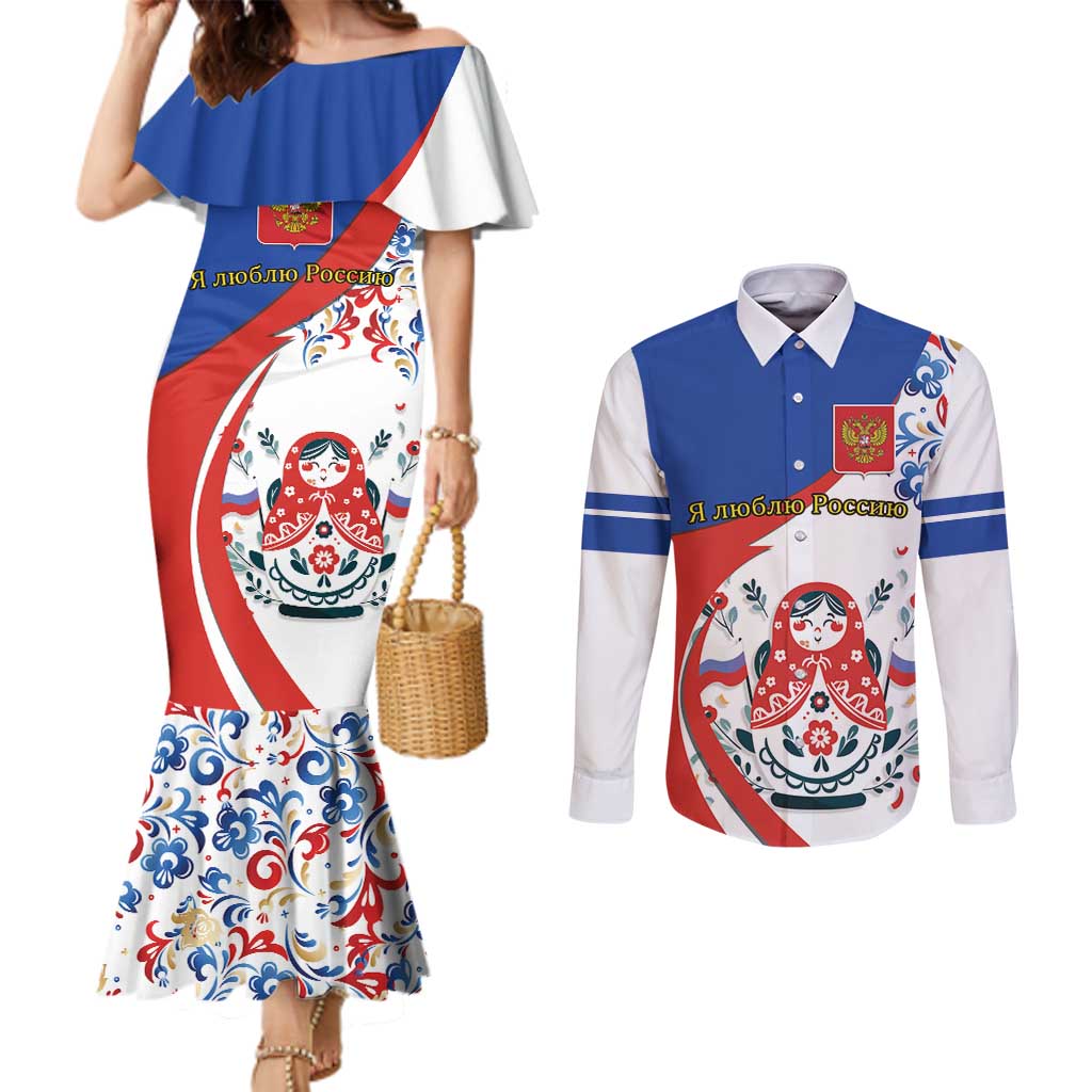 Matryoshka Doll Couples Matching Mermaid Dress and Long Sleeve Button Shirt Flag Color Style No2 - Wonder Print Shop