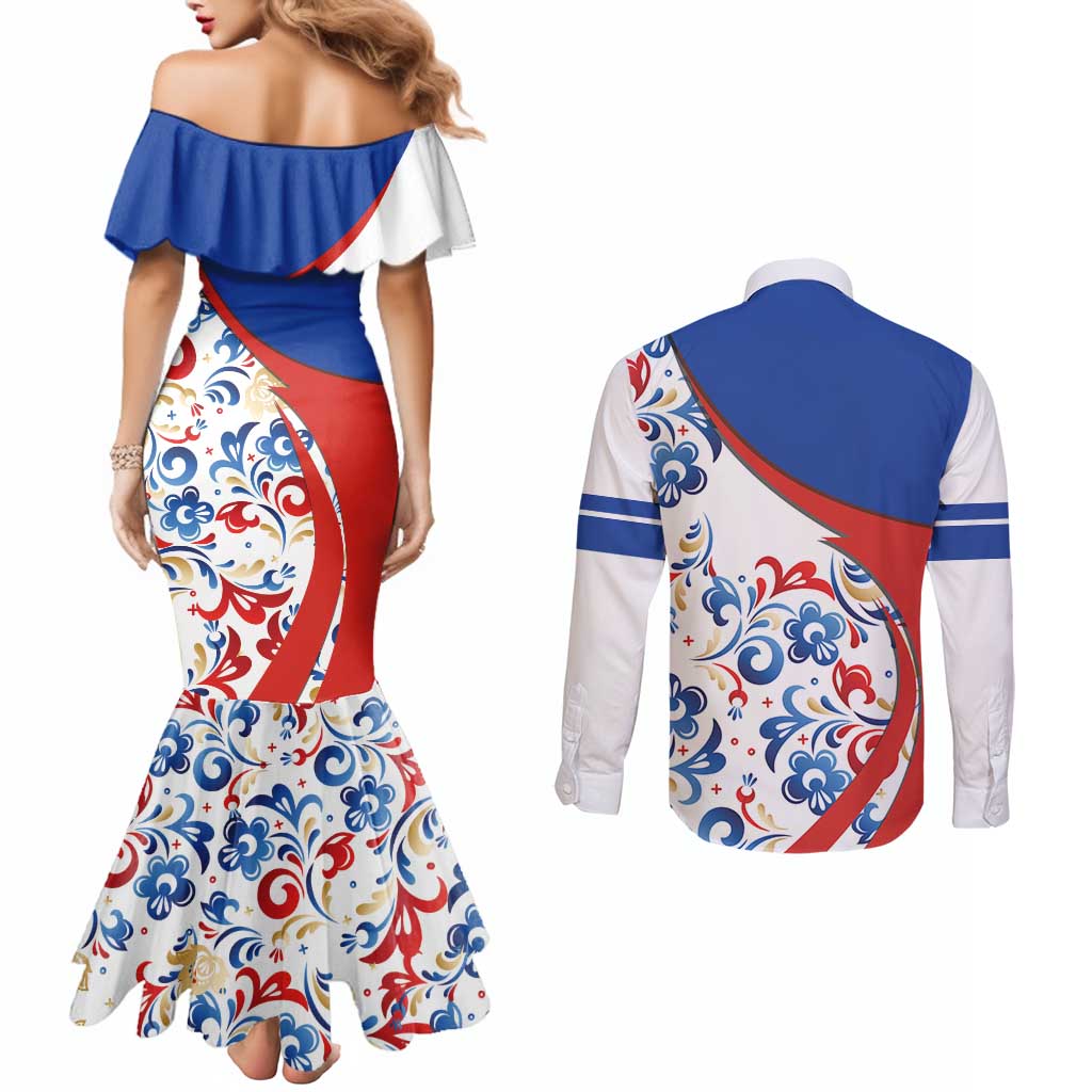 Matryoshka Doll Couples Matching Mermaid Dress and Long Sleeve Button Shirt Flag Color Style No2 - Wonder Print Shop