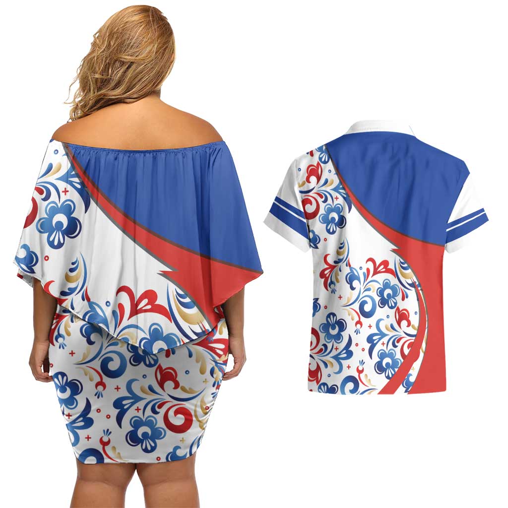 Matryoshka Doll Couples Matching Off Shoulder Short Dress and Hawaiian Shirt Flag Color Style No2 - Wonder Print Shop