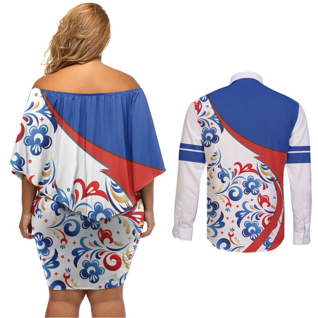 Matryoshka Doll Couples Matching Off Shoulder Short Dress and Long Sleeve Button Shirt Flag Color Style No2 - Wonder Print Shop