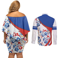 Matryoshka Doll Couples Matching Off Shoulder Short Dress and Long Sleeve Button Shirt Flag Color Style No2 - Wonder Print Shop