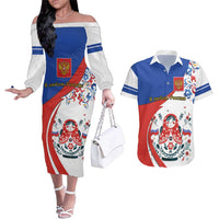 Matryoshka Doll Couples Matching Off The Shoulder Long Sleeve Dress and Hawaiian Shirt Flag Color Style No2 - Wonder Print Shop