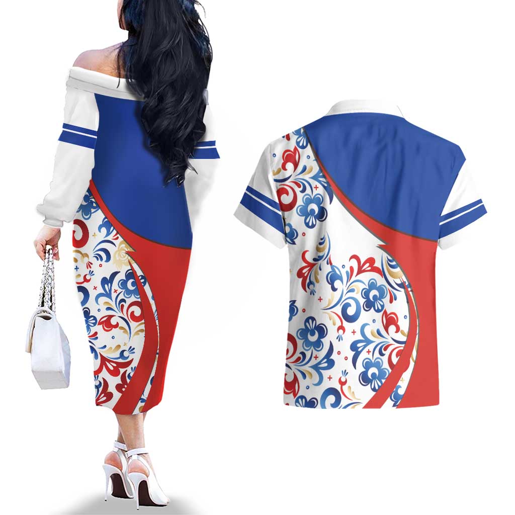 Matryoshka Doll Couples Matching Off The Shoulder Long Sleeve Dress and Hawaiian Shirt Flag Color Style No2 - Wonder Print Shop