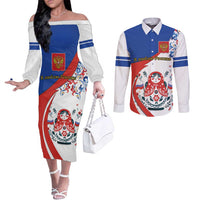 Matryoshka Doll Couples Matching Off The Shoulder Long Sleeve Dress and Long Sleeve Button Shirt Flag Color Style No2 - Wonder Print Shop