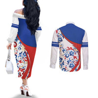Matryoshka Doll Couples Matching Off The Shoulder Long Sleeve Dress and Long Sleeve Button Shirt Flag Color Style No2 - Wonder Print Shop