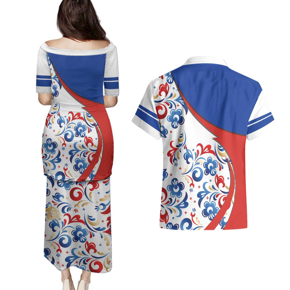 Matryoshka Doll Couples Matching Puletasi and Hawaiian Shirt Flag Color Style No2 - Wonder Print Shop