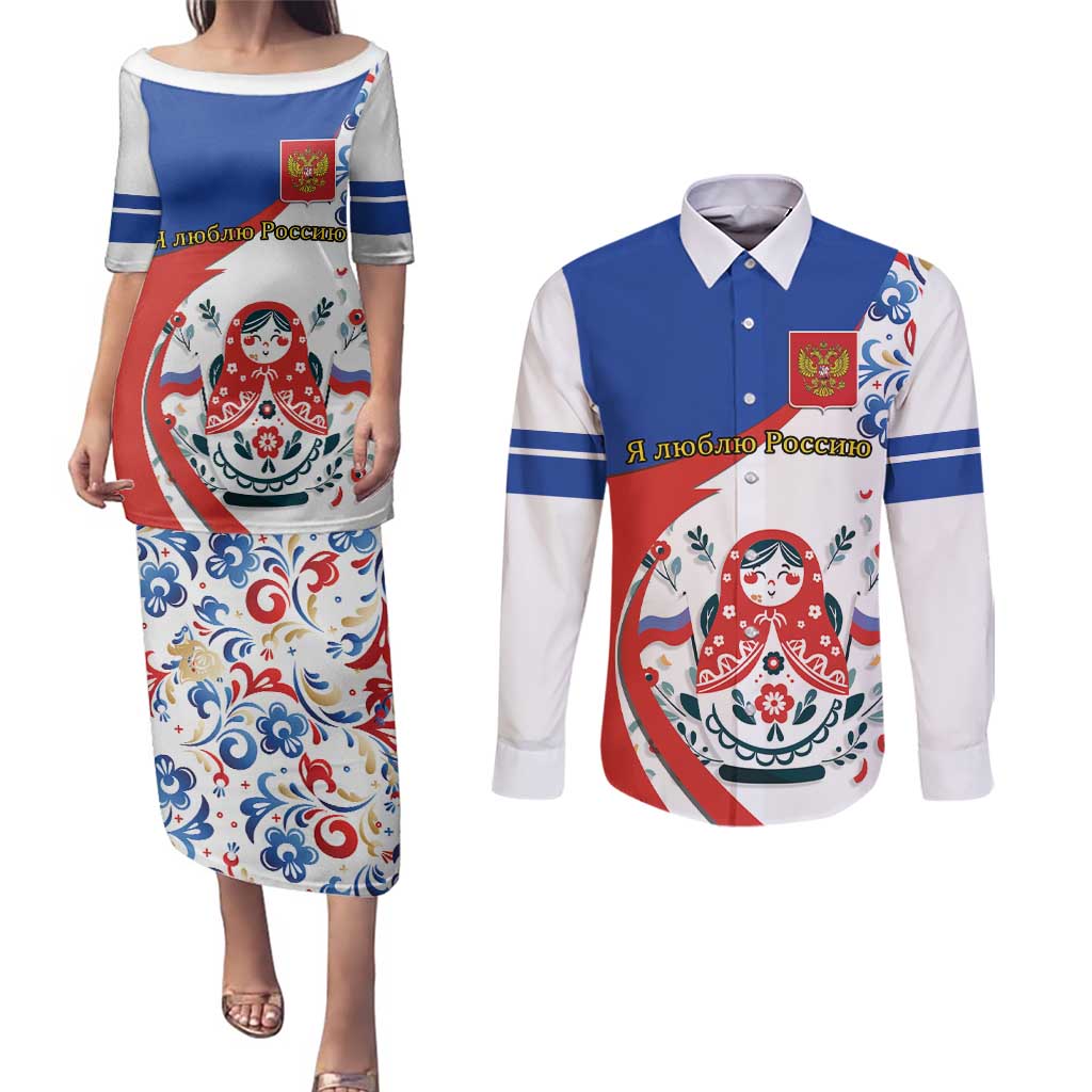 Matryoshka Doll Couples Matching Puletasi and Long Sleeve Button Shirt Flag Color Style No2 - Wonder Print Shop