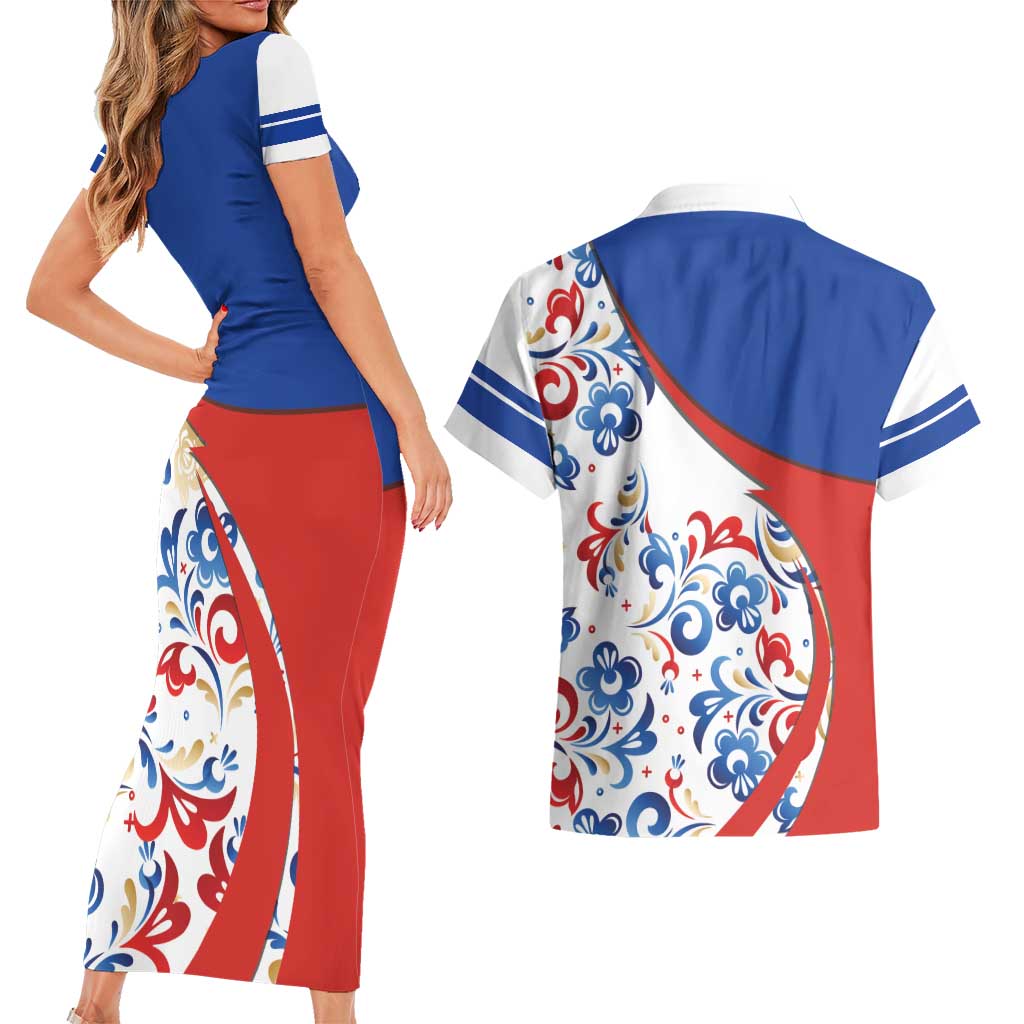 Matryoshka Doll Couples Matching Short Sleeve Bodycon Dress and Hawaiian Shirt Flag Color Style No2 - Wonder Print Shop