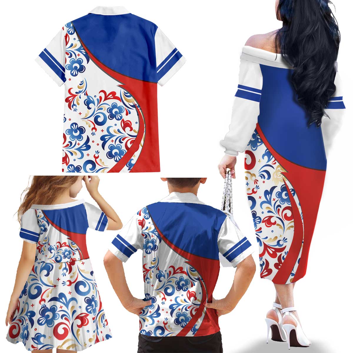 Matryoshka Doll Family Matching Off The Shoulder Long Sleeve Dress and Hawaiian Shirt Flag Color Style No2 - Wonder Print Shop