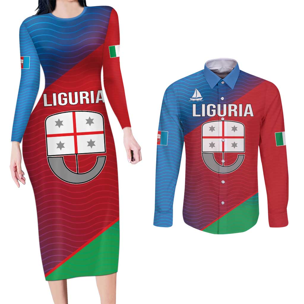 Italy Liguria Couples Matching Long Sleeve Bodycon Dress and Long Sleeve Button Shirt Emblem With Flag Style LT19