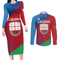 Italy Liguria Couples Matching Long Sleeve Bodycon Dress and Long Sleeve Button Shirt Emblem With Flag Style LT19