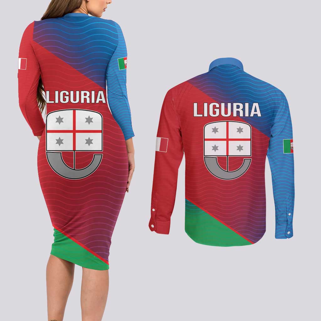 Italy Liguria Couples Matching Long Sleeve Bodycon Dress and Long Sleeve Button Shirt Emblem With Flag Style LT19