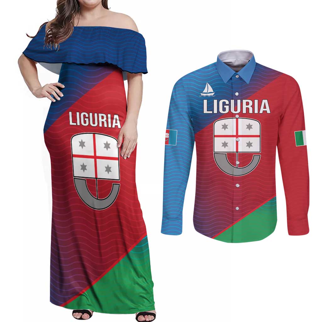 Italy Liguria Couples Matching Off Shoulder Maxi Dress and Long Sleeve Button Shirt Emblem With Flag Style LT19