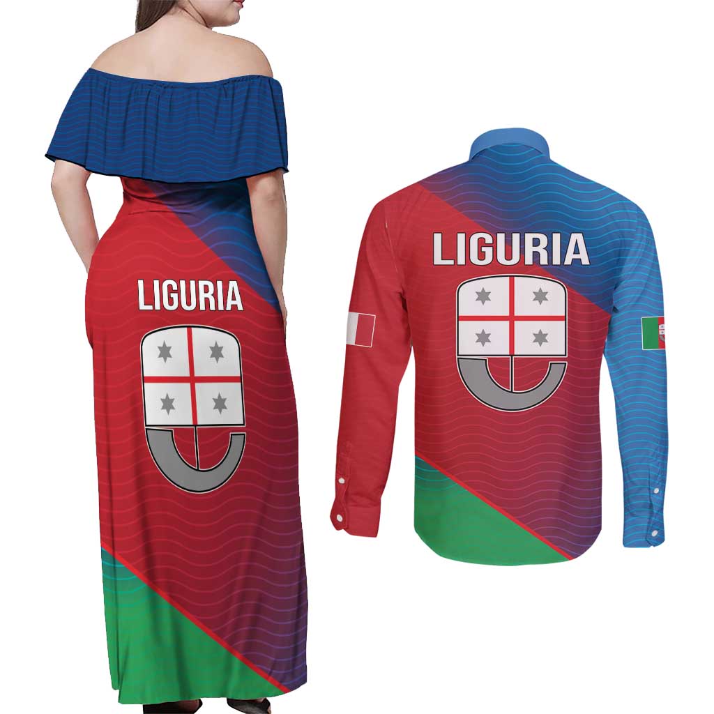 Italy Liguria Couples Matching Off Shoulder Maxi Dress and Long Sleeve Button Shirt Emblem With Flag Style LT19