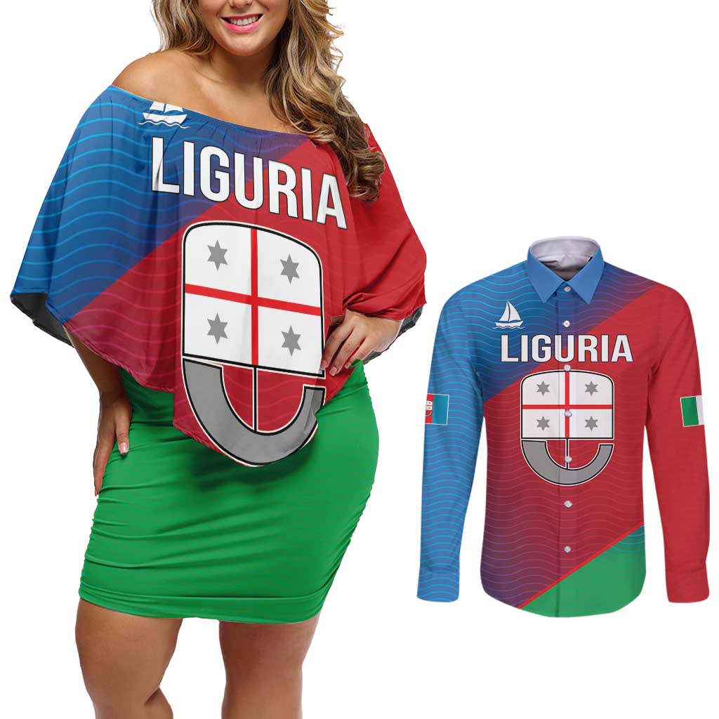 Italy Liguria Couples Matching Off Shoulder Short Dress and Long Sleeve Button Shirt Emblem With Flag Style LT19