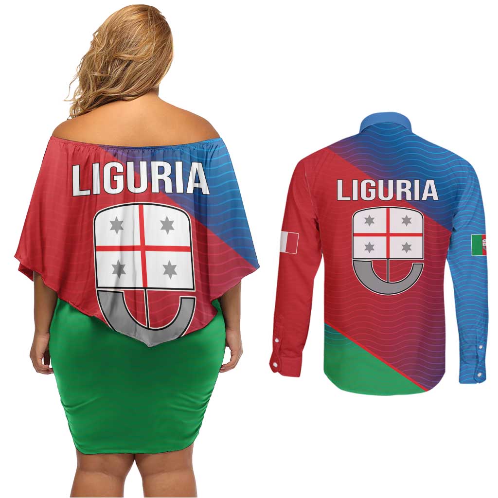 Italy Liguria Couples Matching Off Shoulder Short Dress and Long Sleeve Button Shirt Emblem With Flag Style LT19