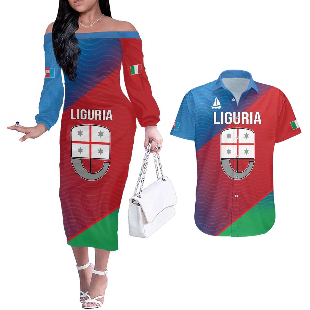 Italy Liguria Couples Matching Off The Shoulder Long Sleeve Dress and Hawaiian Shirt Emblem With Flag Style LT19