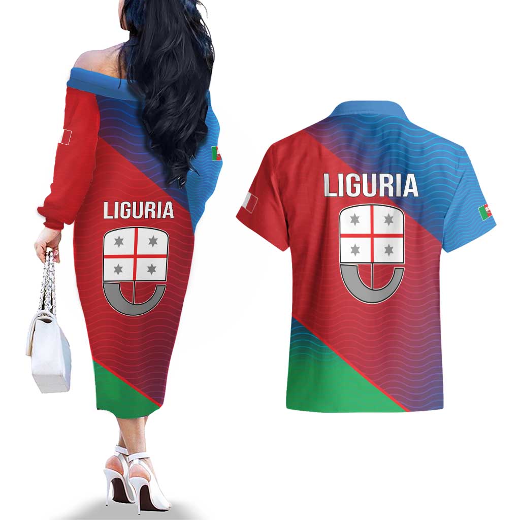 Italy Liguria Couples Matching Off The Shoulder Long Sleeve Dress and Hawaiian Shirt Emblem With Flag Style LT19